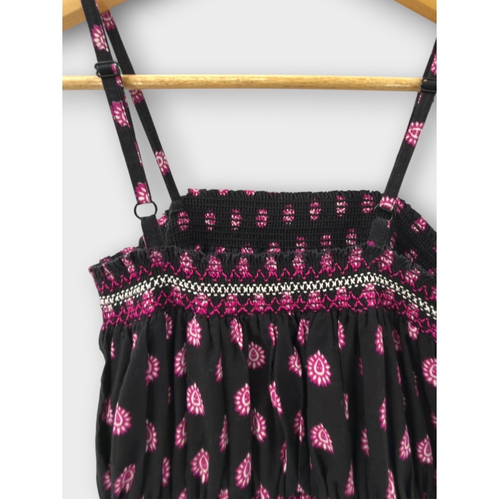 World Market Boho Maxi Dress Black Pink Paisley Border Print Cotton S/M Smocked - Picture 6 of 14